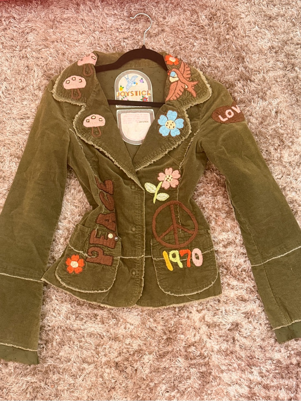 Joystick Olive Green Embroidered Corduroy Blazer Jacket